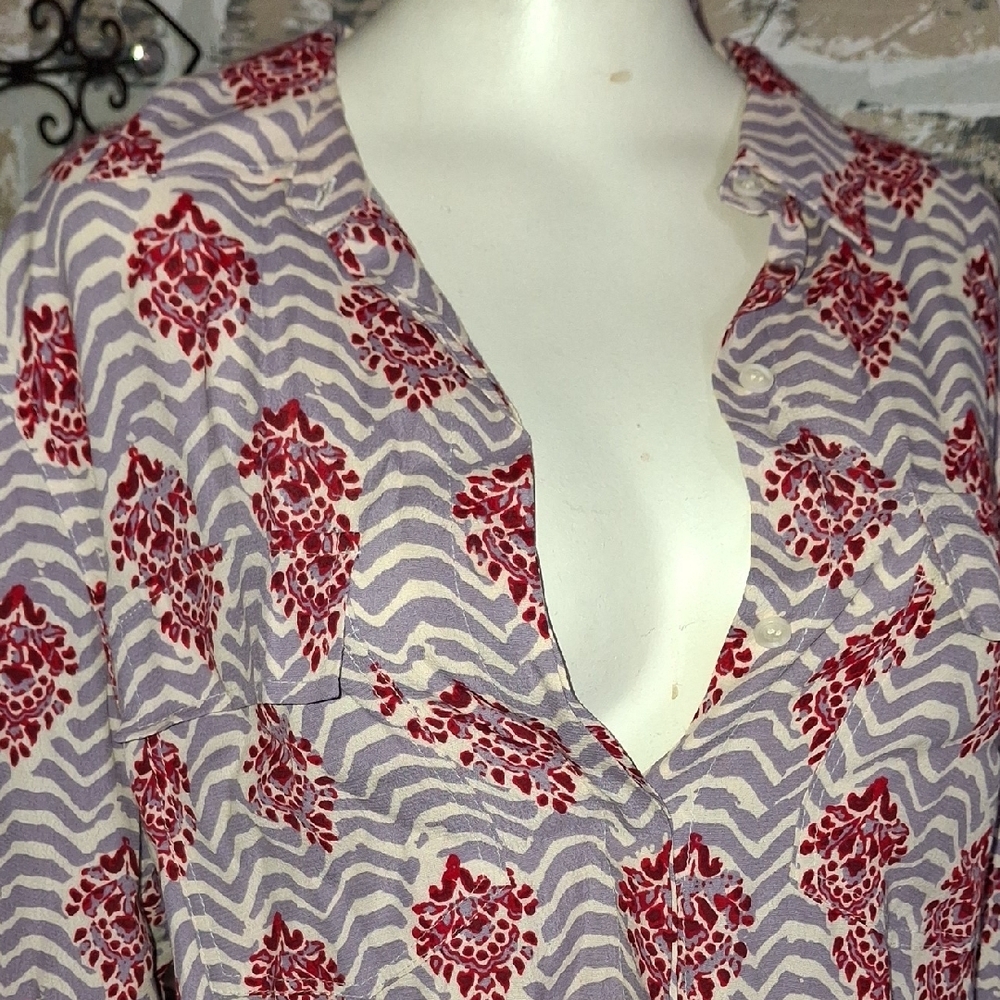 Anthropologie PORRIDGE Red Graphic Long Sleeve Button Down Shirt - Picture 6 of 10